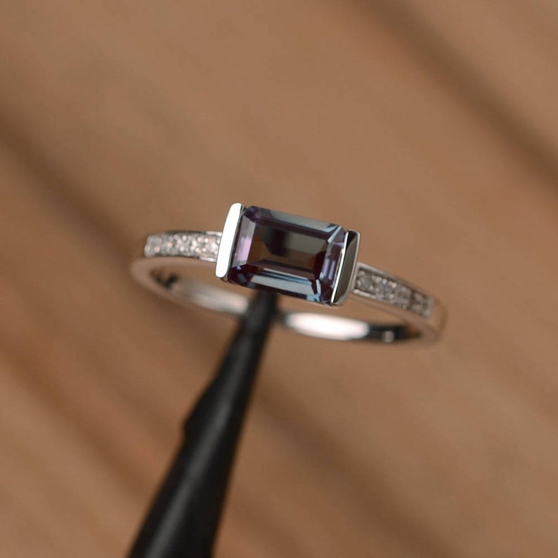 1.20 Ct Emerald Cut Alexandrite 925 Sterling Silver Solitaire W/Accents Engagement Ring