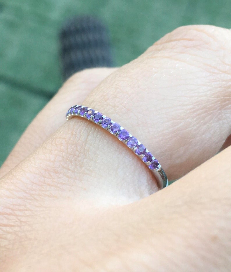 1 CT Round Cut Amethyst Diamond 925 Sterling Silver Half Eternity Band Ring