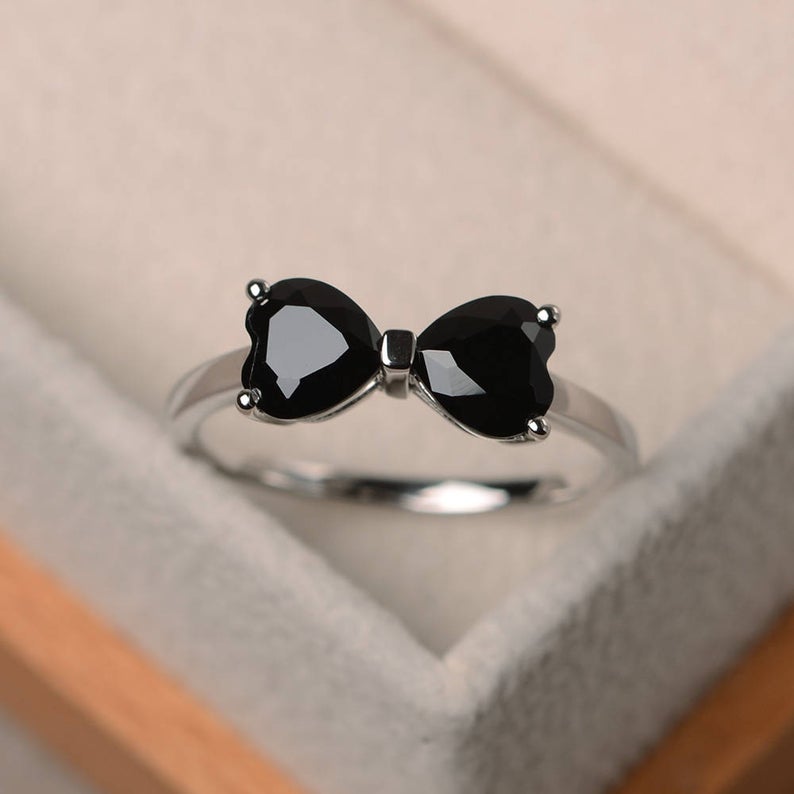 2 Ct Heart Cut Black Diamond Promise Bow Ring In 925 Sterling Silver