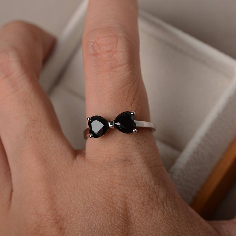2 Ct Heart Cut Black Diamond Promise Bow Ring In 925 Sterling Silver