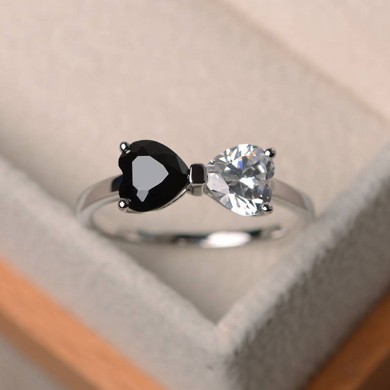 1.50 Ct Heart Cut Black & White Diamond Bow Style Promise Ring In 925 Sterling Silver