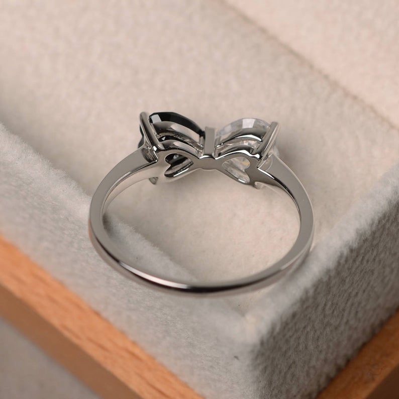 1.50 Ct Heart Cut Black & White Diamond Bow Style Promise Ring In 925 Sterling Silver
