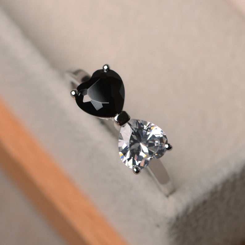 1.50 Ct Heart Cut Black & White Diamond Bow Style Promise Ring In 925 Sterling Silver