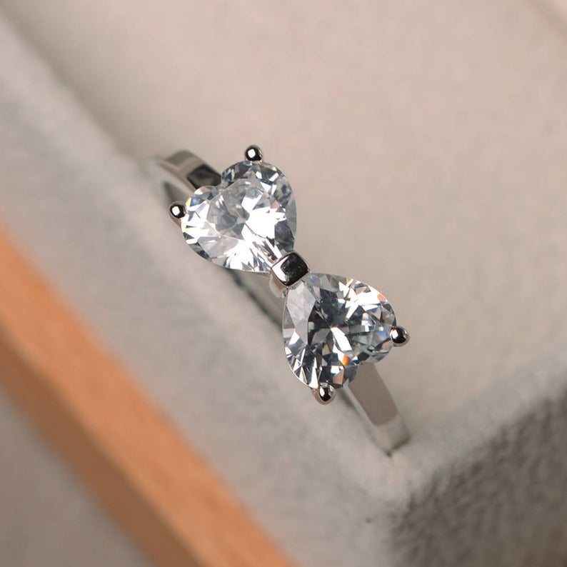 2.00 Ct Heart Cut 925 Sterling Silver Bow Style Promise Gift Ring For Her