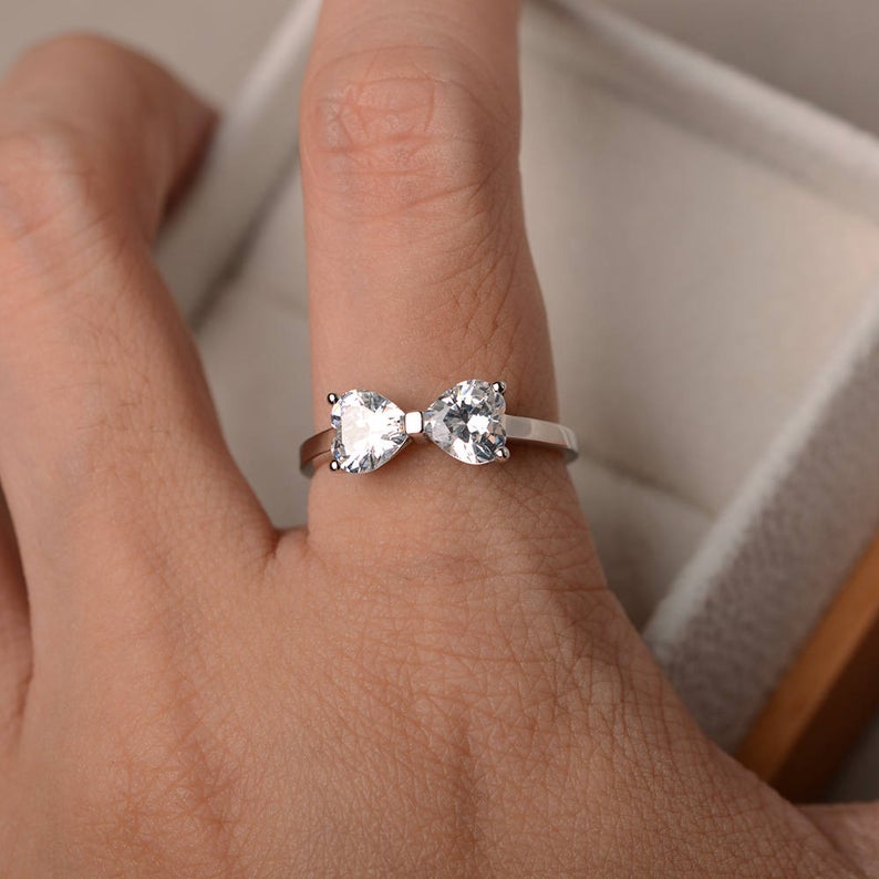 2.00 Ct Heart Cut 925 Sterling Silver Bow Style Promise Gift Ring For Her