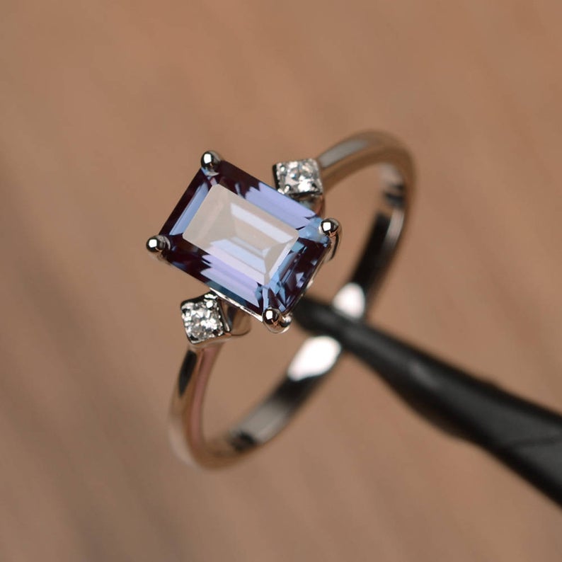 2 Ct Emerald Cut Alexandrite 925 Sterling Silver June Birthstone Engagement Ring