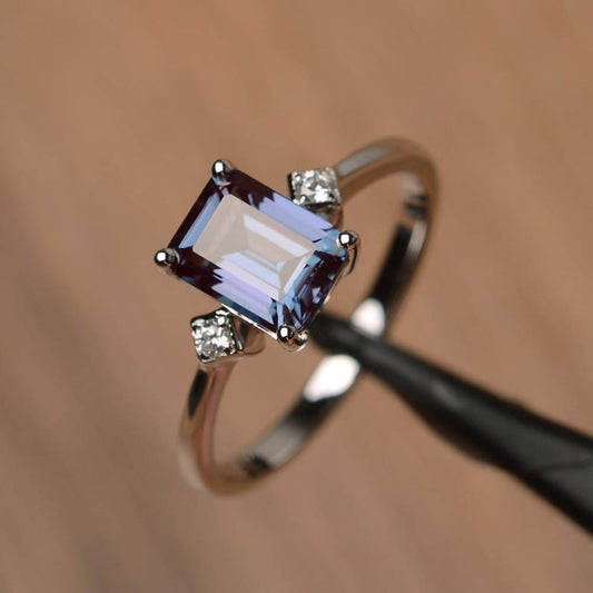 2 Ct Emerald Cut Alexandrite 925 Sterling Silver June Birthstone Engagement Ring