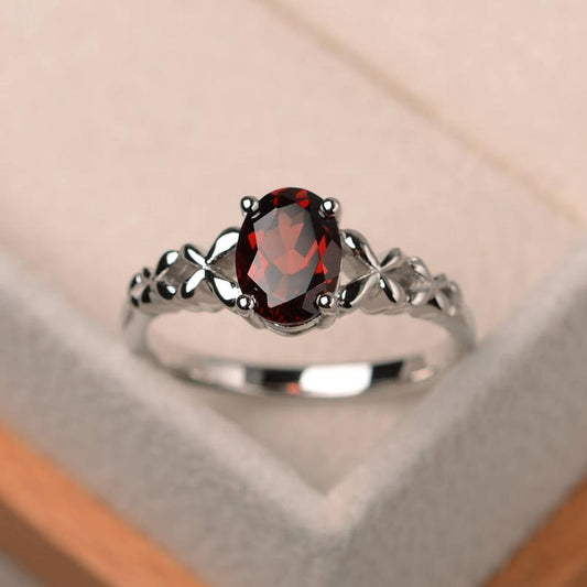 1 Ct Oval Cut Red Garnet 925 Sterling Silver Pretty Butterfly Band Promise Ring