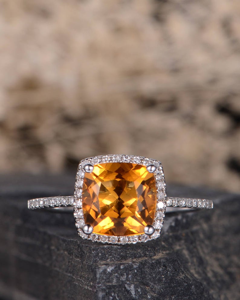 1 CT Cushion Cut Citrine Diamond White Gold Over On 925 Sterling Silver Halo Wedding Ring