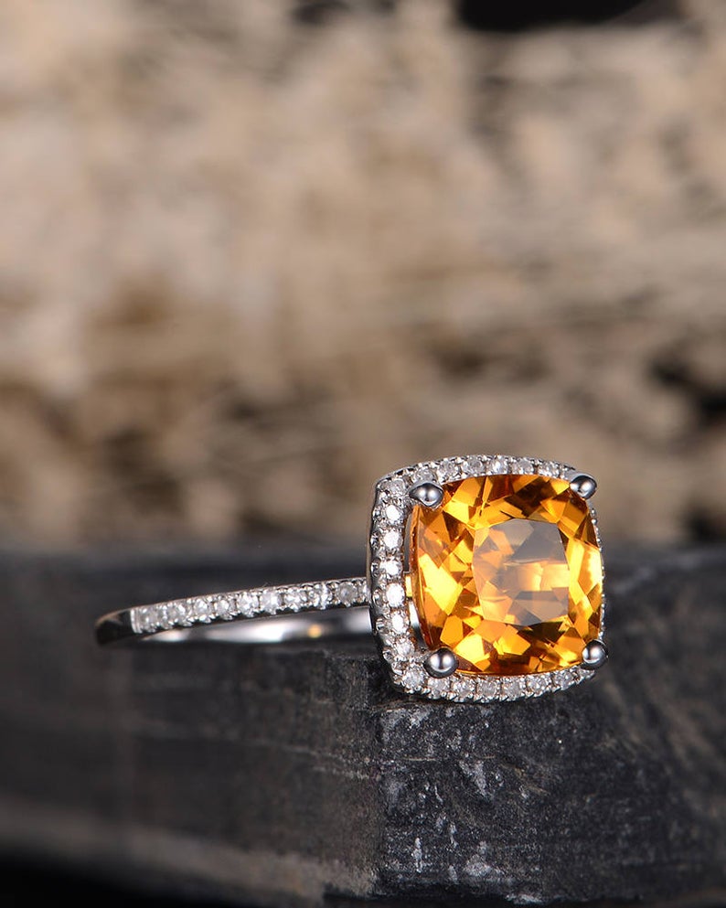 1 CT Cushion Cut Citrine Diamond White Gold Over On 925 Sterling Silver Halo Wedding Ring