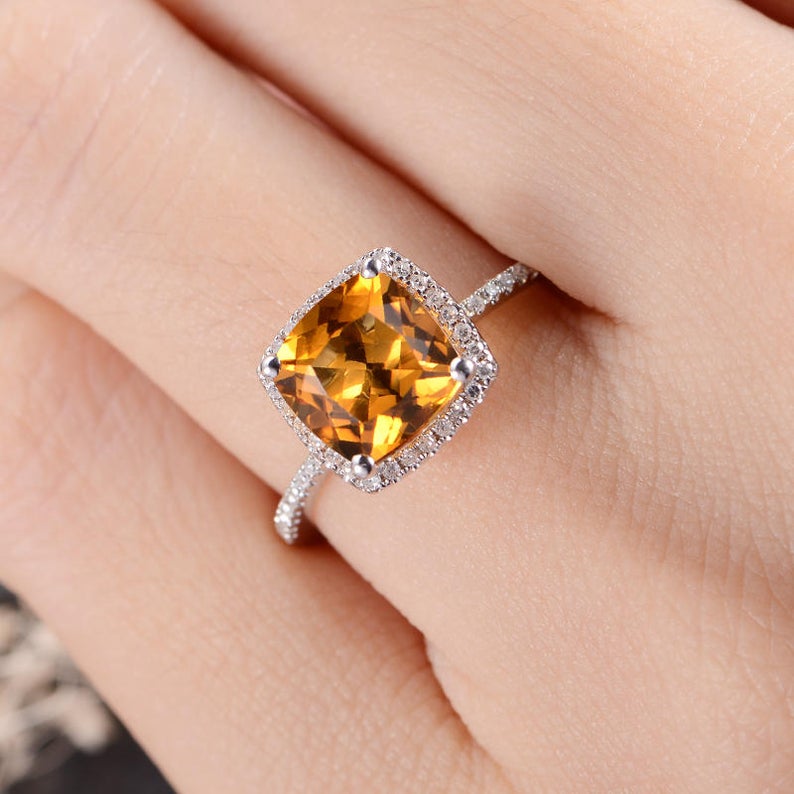 1 CT Cushion Cut Citrine Diamond White Gold Over On 925 Sterling Silver Halo Wedding Ring
