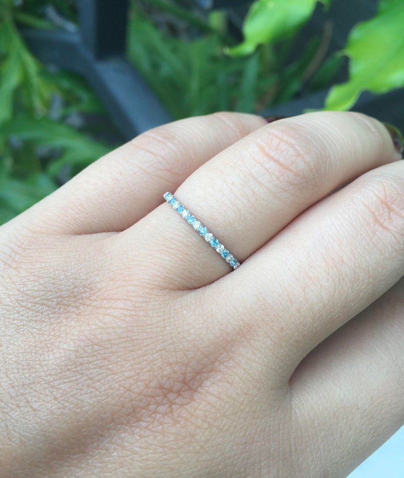0.25 CT Round Cut Aquamarine Diamond 925 Sterling Silver Half Eternity Wedding Band Ring