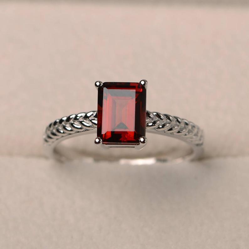 1 Ct Emerald Cut Red Garnet 925 Sterling Silver January Birthstone Solitaire Ring