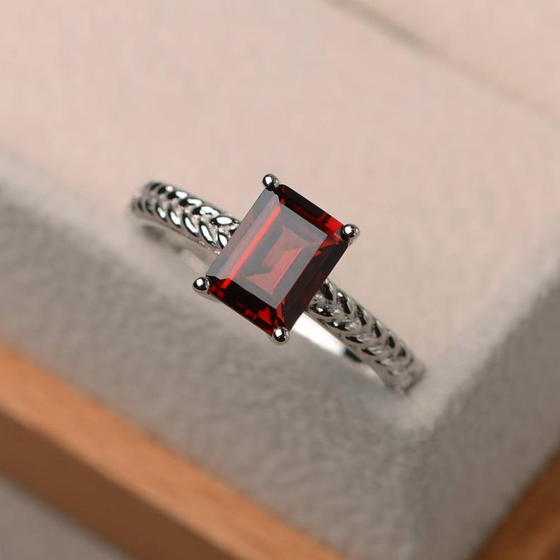 1 Ct Emerald Cut Red Garnet 925 Sterling Silver January Birthstone Solitaire Ring