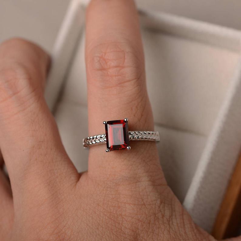 1 Ct Emerald Cut Red Garnet 925 Sterling Silver January Birthstone Solitaire Ring