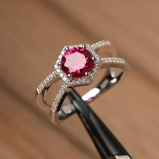 1.75 Ct Round Cut Red Ruby & White Cz Split Shank Halo Engagement Ring In 925 Sterling Silver