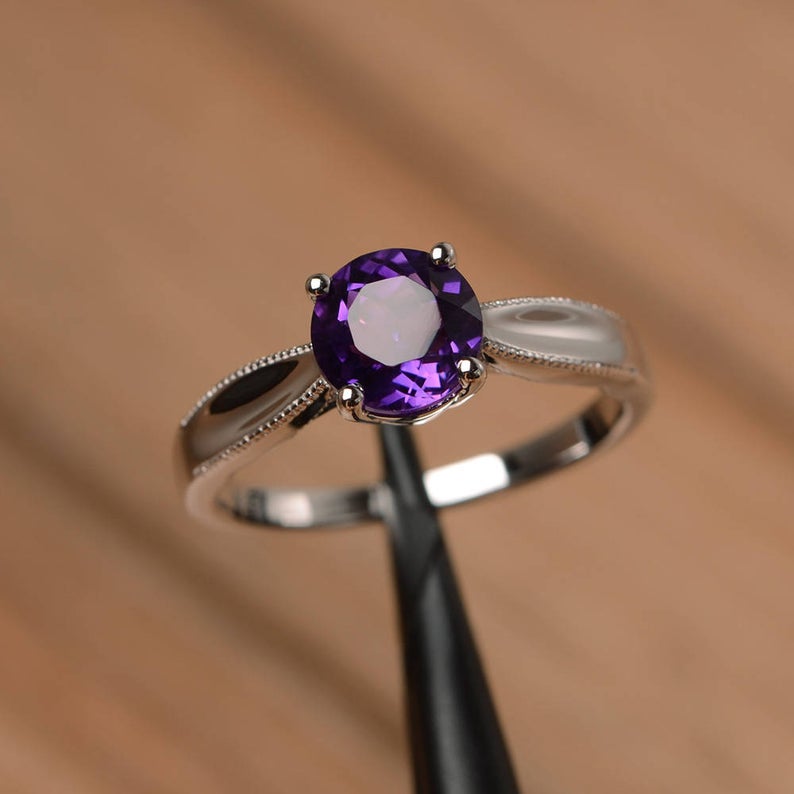 1.00 CT Round Cut Purple Amethyst 925 Sterling Silver Solitaire Promise Gift Ring