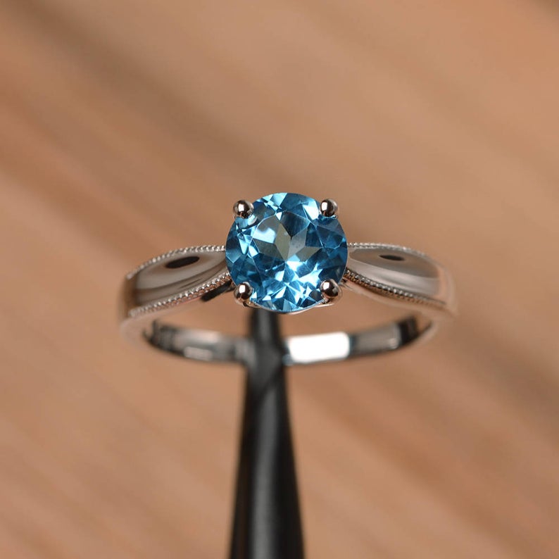1 Ct Round Cut Blue Topaz 925 Sterling Silver Solitaire Anniversary Gift Ring For Her