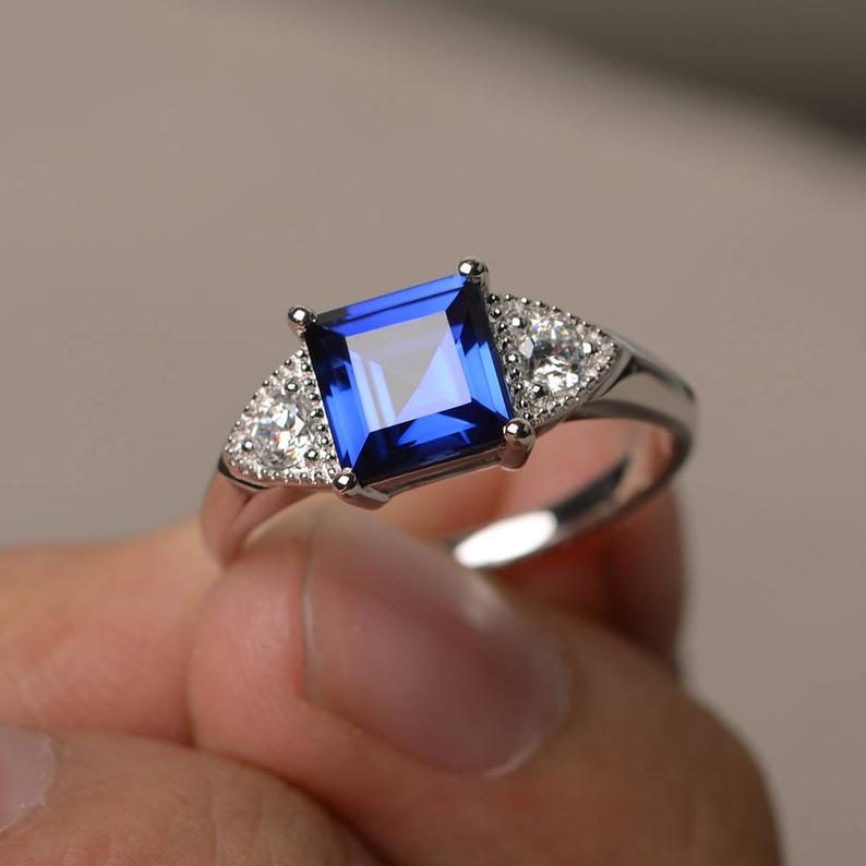 2.10 Ct Princess Cut Blue Sapphire & Round Cz Solitaire W/Accents Engagement Ring In 925 Sterling Silver