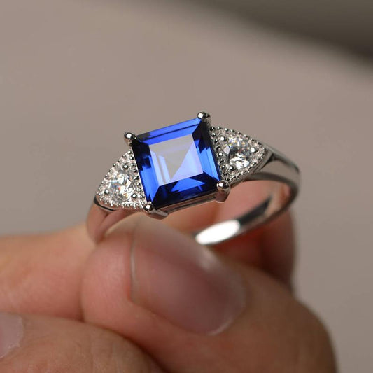 2.10 Ct Princess Cut Blue Sapphire & Round Cz Solitaire W/Accents Engagement Ring In 925 Sterling Silver