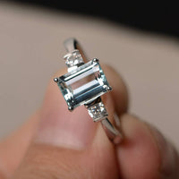 1.50 Ct Emerald Cut Aquamarine Diamond 925 Sterling Silver Three-Stone Promise Ring