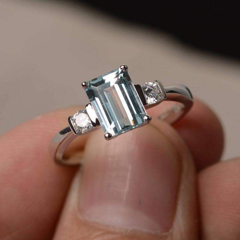 1.50 Ct Emerald Cut Aquamarine Diamond 925 Sterling Silver Three-Stone Promise Ring