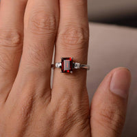 1.50 Ct Emerald Cut Red Garnet & Round CZ 925 Sterling Silver Three-Stone Promise Ring