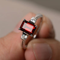 1.50 Ct Emerald Cut Red Garnet & Round CZ 925 Sterling Silver Three-Stone Promise Ring