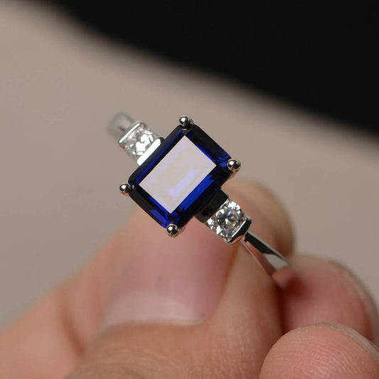 2 Ct Emerald Cut Blue Sapphire & Round Diamond Three-Stone Promise Ring In 925 Sterling Silver