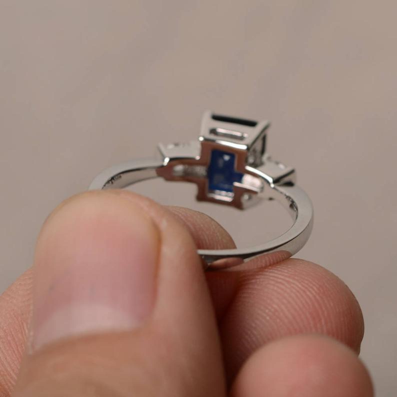 2 Ct Emerald Cut Blue Sapphire & Round Diamond Three-Stone Promise Ring In 925 Sterling Silver