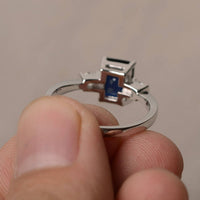 1 CT 925  Sterling Silver Blue Sapphire Emerald Cut Diamond Promise Ring