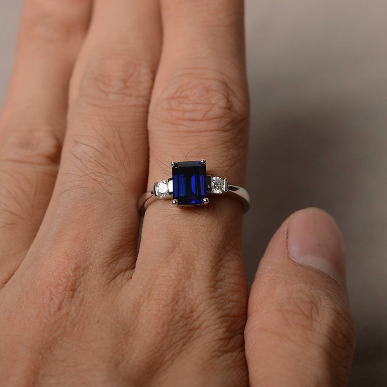 2 Ct Emerald Cut Blue Sapphire & Round Diamond Three-Stone Promise Ring In 925 Sterling Silver