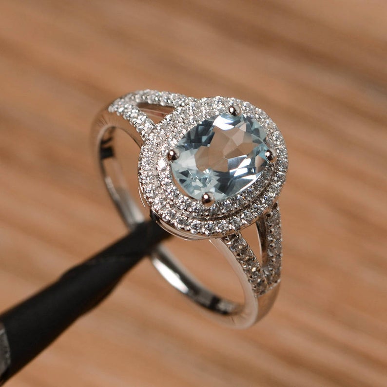 2 CT Oval Cut Aquamarine Diamond 925 Sterling Silver Double Halo March Birthstone Promise Ring