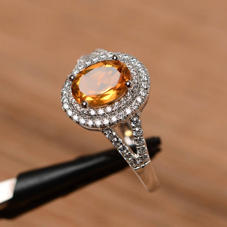 1 CT Oval Cut Citrine Diamond White Gold Over On 925 Sterling Silver Double Halo Wedding Ring