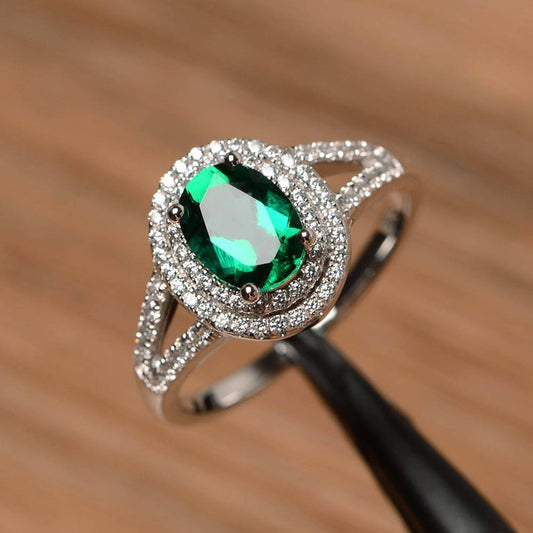 1 CT Oval Cut Green Emerald Diamond White Gold Over On 925 Sterling Silver Double Halo Engagement Ring For Women