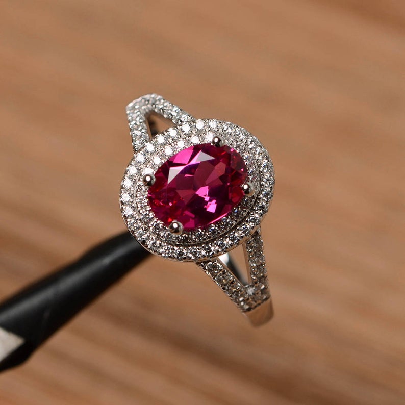 2 CT Oval Cut Red Ruby Diamond 925 Sterling Silver Double Halo July Birthstone Ring