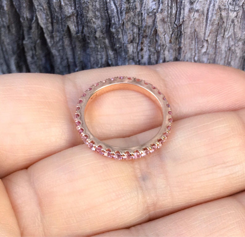 1.20 CT Round Cut Pink Sapphire Diamond Rose Gold Over On 925 Sterling Silver Full Eternity Wedding Band Ring