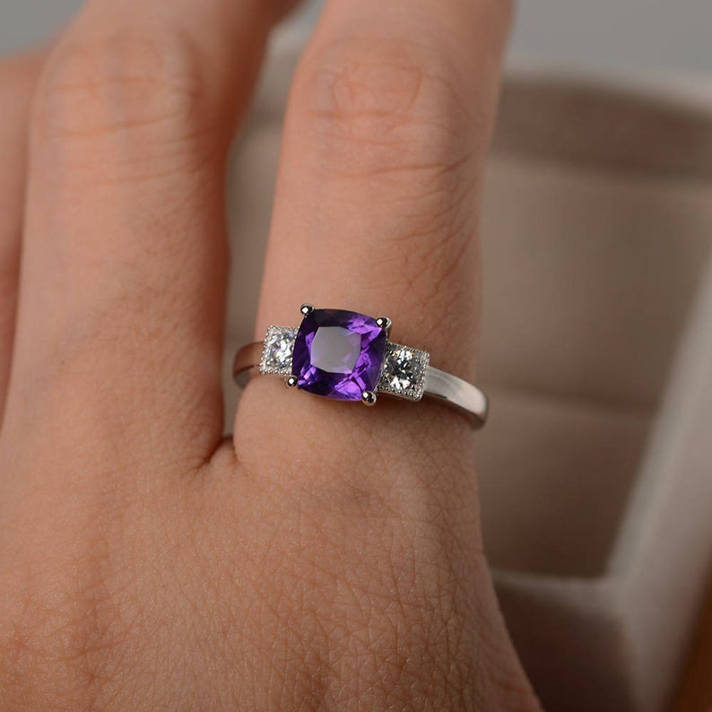 2.50 Ct Cushion Cut Purple Amethyst 925 Sterling Silver Three-Stone Promise Ring - atjewels.in