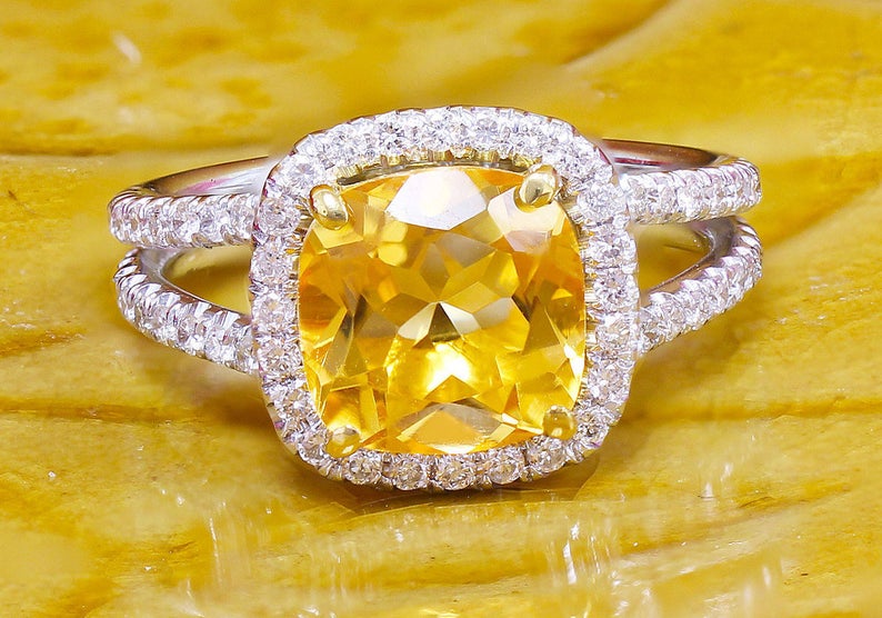 1 CT Cushion Cut Citrine and Round Cut Diamond White Gold Over On 925 Sterling Silver Halo Wedding Ring