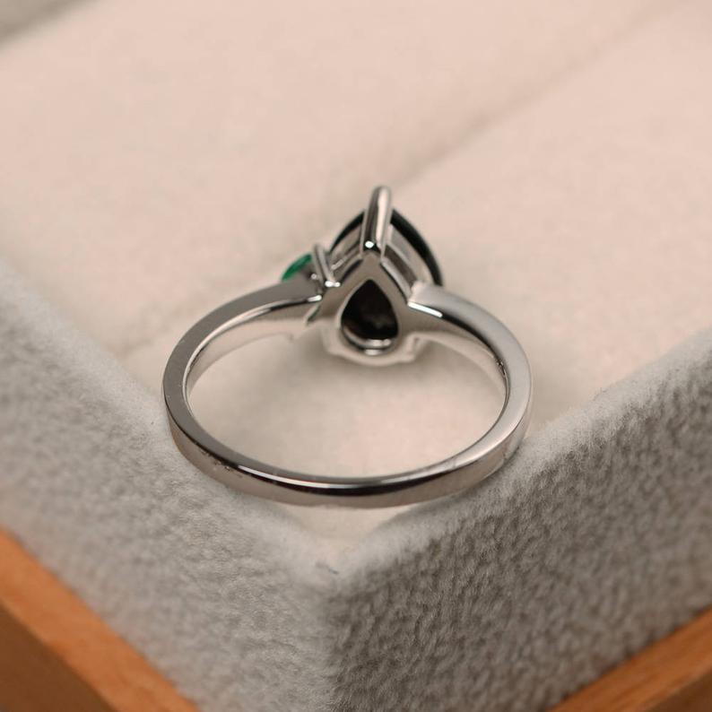 1.20 Ct Pear Cut Black Diamond & Green Emerald Two-Stone Anniversary Gift Ring In 925 Sterling Silver