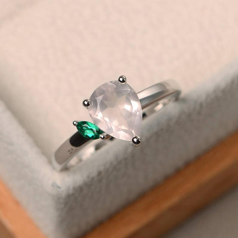 1.20 Ct Pear Cut Rose Quartz & Green Marquise 925 Sterling Silver Two-Stone Promise Ring