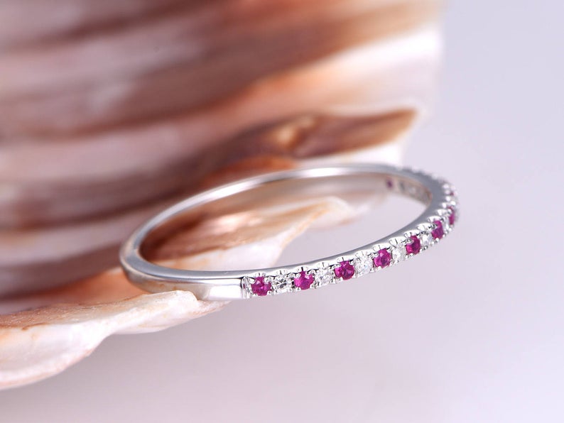 0.25 CT Round Cut Ruby & CZ Diamond 925 Sterling Silver Half Eternity Wedding Band Ring