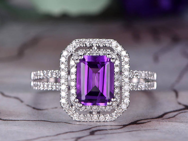 1 CT Emerald Cut Amethyst Diamond White Gold Over On 925 Sterling Silver Double Halo Anniversary Ring