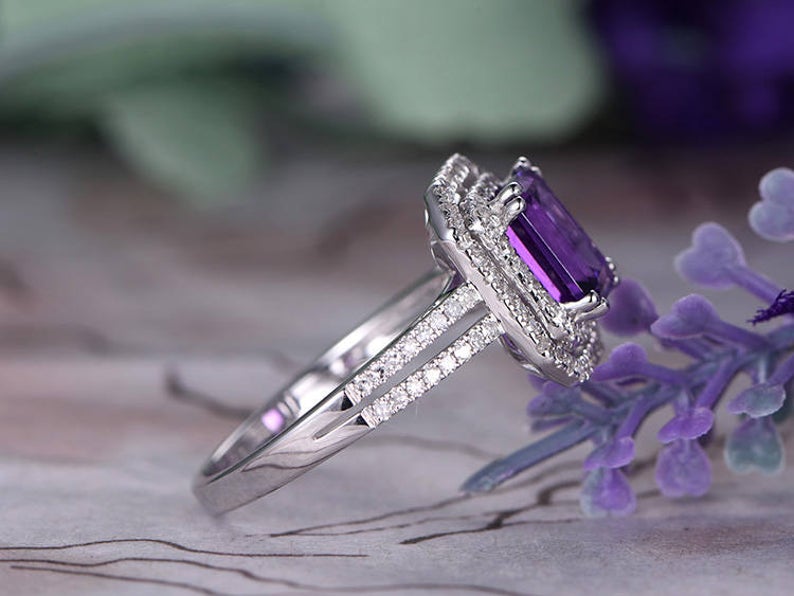 1 CT Emerald Cut Amethyst Diamond White Gold Over On 925 Sterling Silver Double Halo Anniversary Ring