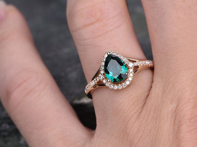 1.50 Ct Pear Cut Green Emerald Split Shank Halo Engagement Ring In Rose Gold Over On 925 Sterling Silver