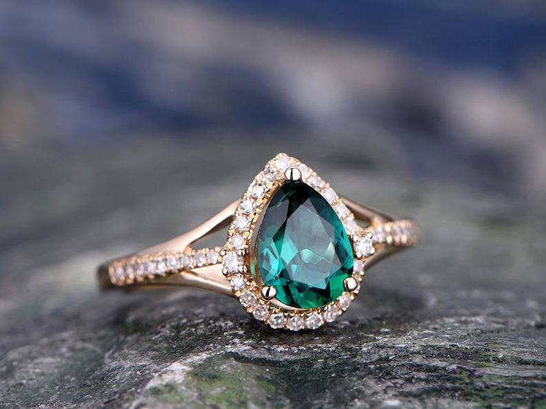 1.50 Ct Pear Cut Green Emerald Split Shank Halo Engagement Ring In Rose Gold Over On 925 Sterling Silver