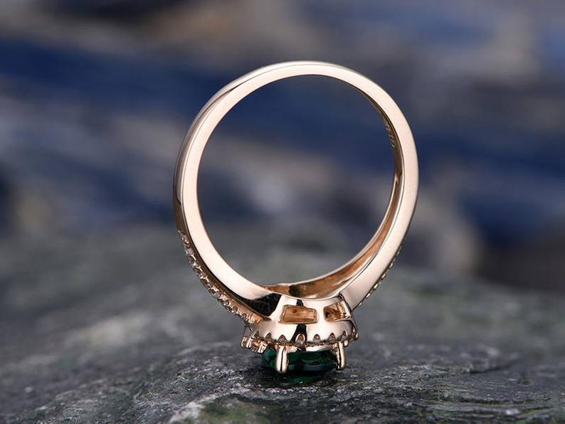 1.50 Ct Pear Cut Green Emerald Split Shank Halo Engagement Ring In Rose Gold Over On 925 Sterling Silver