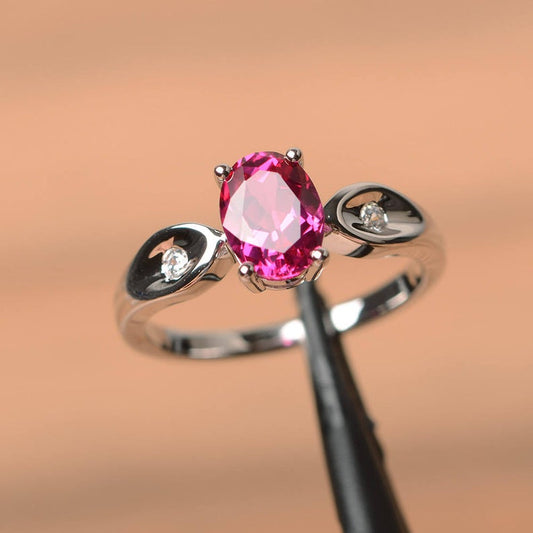 1.20 Ct Oval Cut Red Ruby & Round CZ 925 Sterling Silver Three-Stone Promise Gift Ring