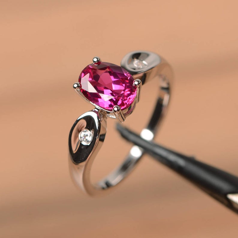 1.20 Ct Oval Cut Red Ruby & Round CZ 925 Sterling Silver Three-Stone Promise Gift Ring