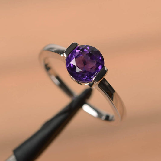 1.00 Ct Round Cut Bezel Set Purple Amethyst  925 Sterling Silver Solitaire Promise Ring
